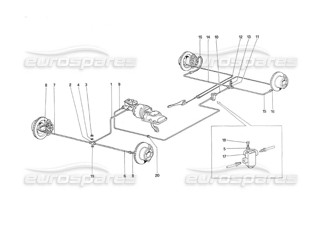Schema delle parti del sistema frenante Ferrari 208 Turbo (1989) (per auto senza sistema antiscivolo).