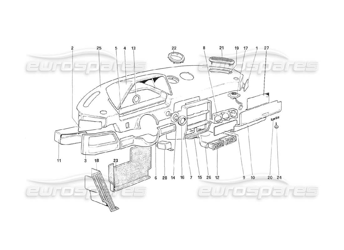 Schema delle parti del quadro strumenti Ferrari 208 Turbo (1989) (fino all'auto 71595).