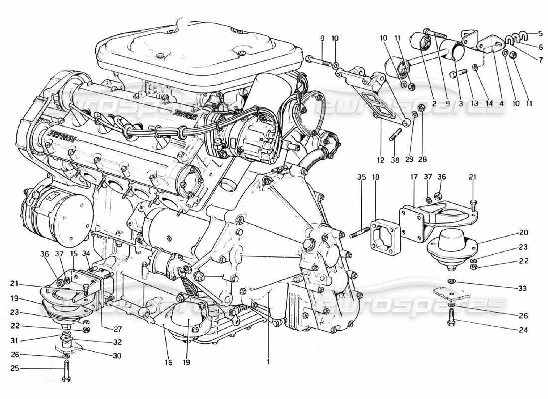 Schema delle parti Ferrari 308 GTB (1976) Motore - Cambio e Supporti