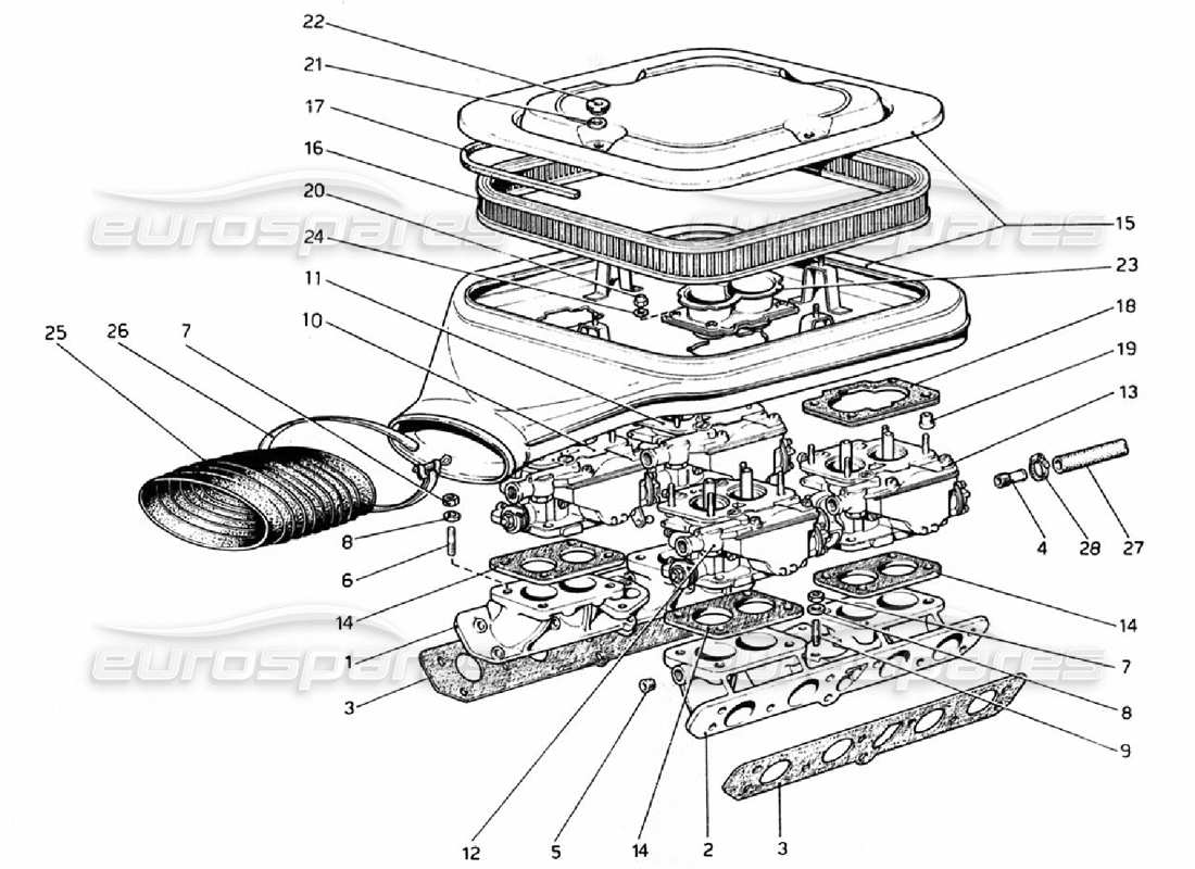 Schema delle parti Ferrari 308 GTB (1976) Carburatori e filtro dell'aria
