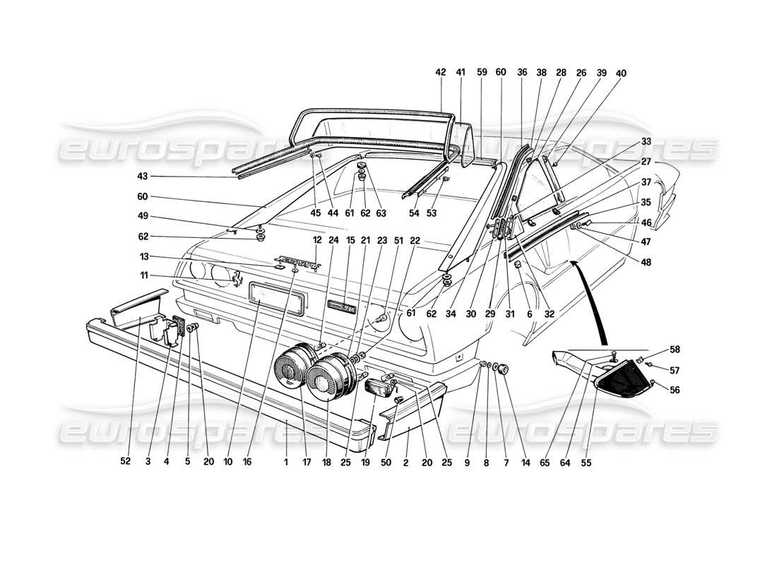 Ferrari Mondial 8 (1981) Paraurti, luci e vetri posteriori Diagramma delle parti