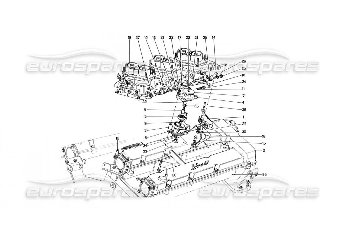 Diagramma delle parti del dispositivo di inattività rapida Ferrari 246 Dino (1975) (varianti per le versioni USA).