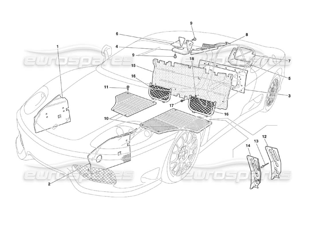 Ferrari 360 Challenge Stradale Coibentazioni e Moquette Abitacolo Passeggeri Diagramma delle parti