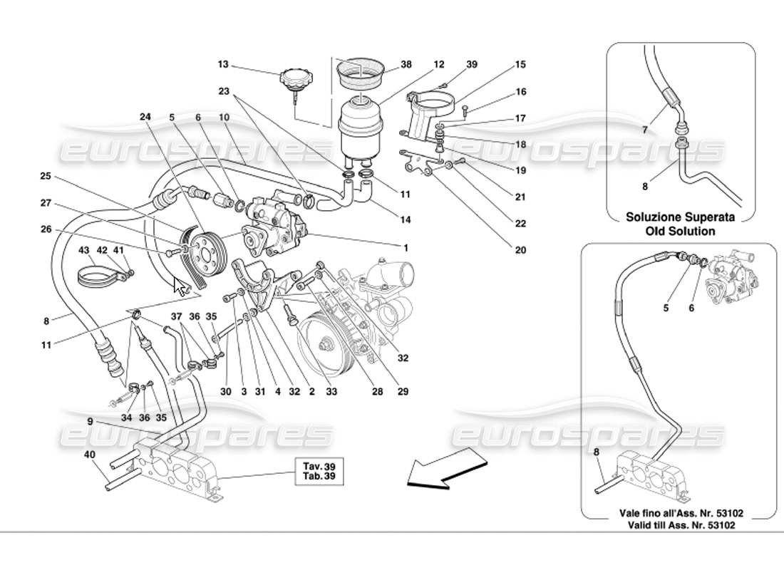 Ferrari 360 Modena Pompa dello sterzo idraulica e serbatoio Diagramma delle parti