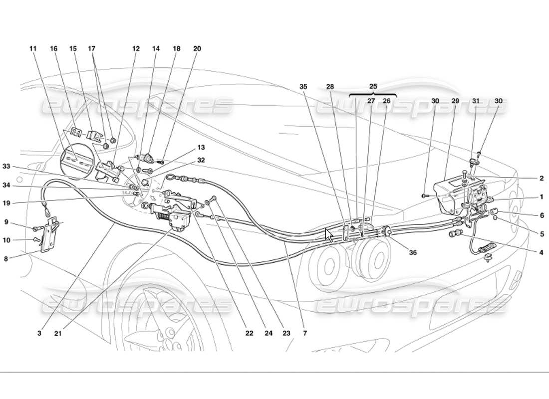 Ferrari 360 Modena Dispositivi di Apertura Cofano Motore e Sportello Gas Diagramma delle parti