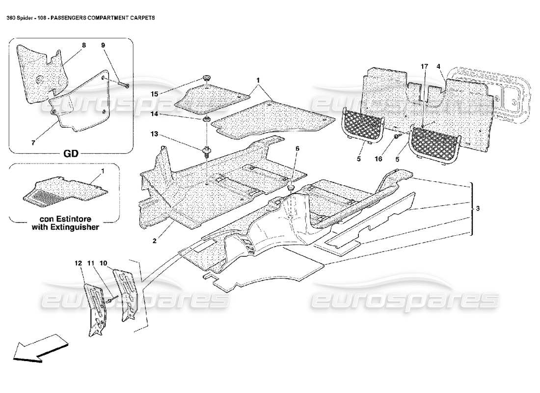 Ferrari 360 Spider Moquette abitacolo passeggeri Diagramma delle parti