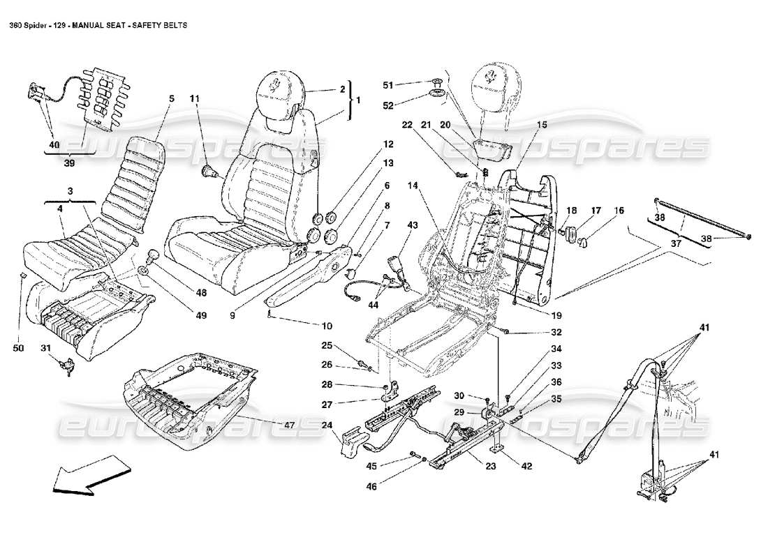 Ferrari 360 Spider Sedile manuale: cinture di sicurezza Diagramma delle parti