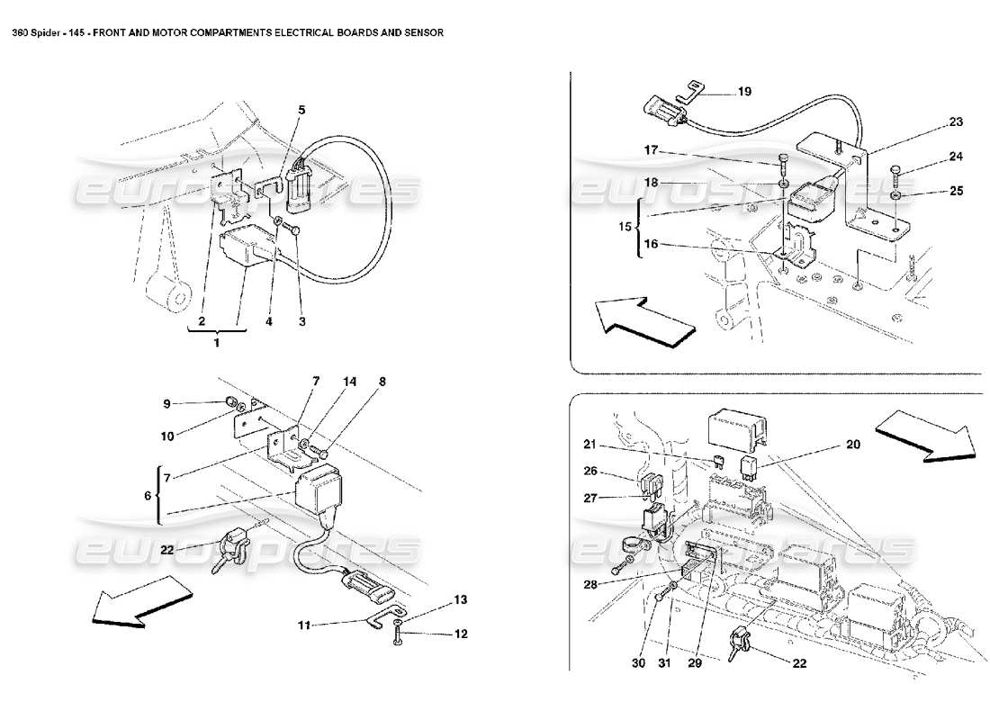 Ferrari 360 Spider Vani Fronte e Motore Schede Elettriche e Sensori Diagramma delle parti