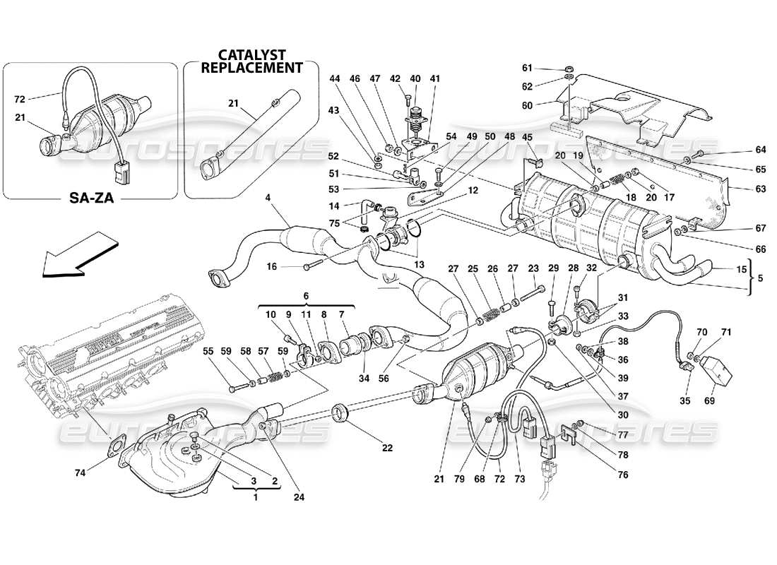 Ferrari 355 (5.2 Motronic) Impianto di scarico Diagramma delle parti