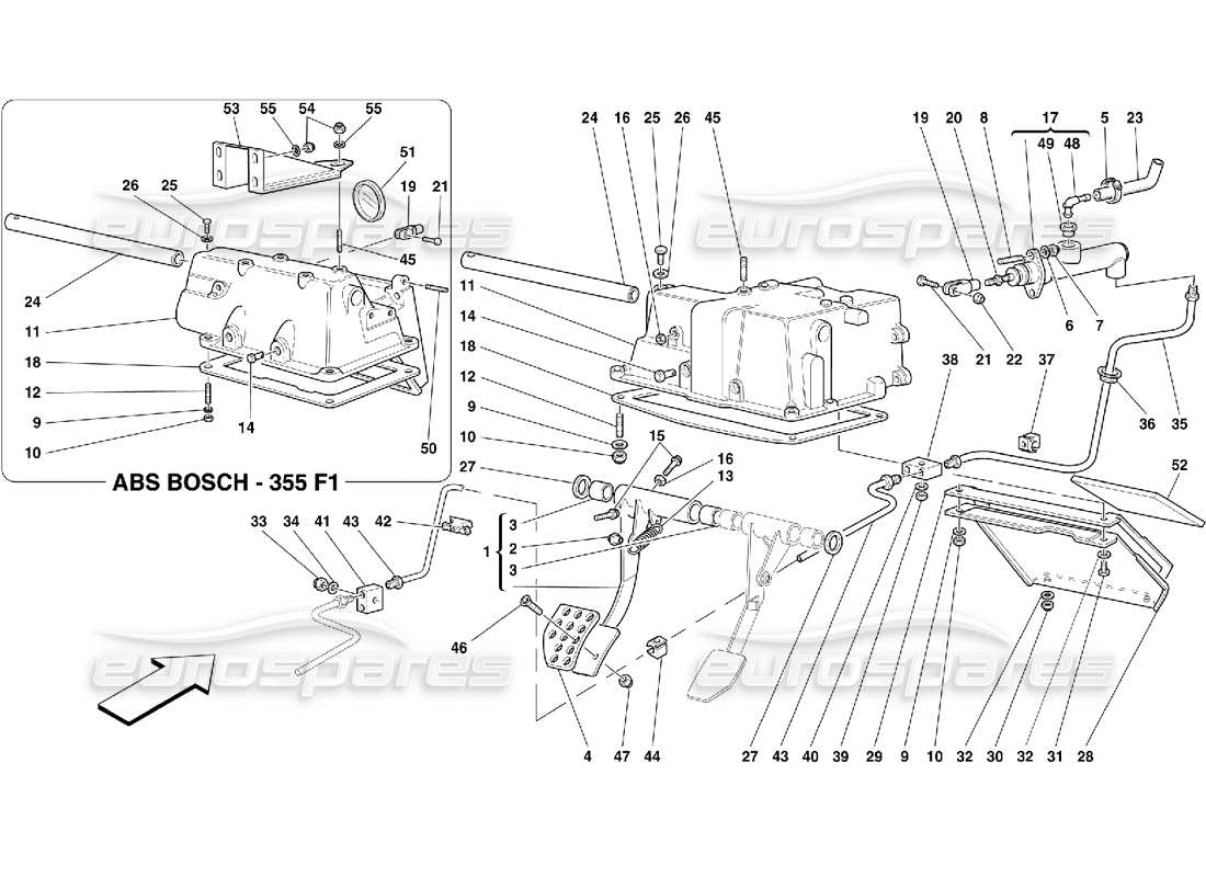 Schema delle parti Ferrari 355 (5.2 Motronic) comando rilascio frizione e supporto pedaliera