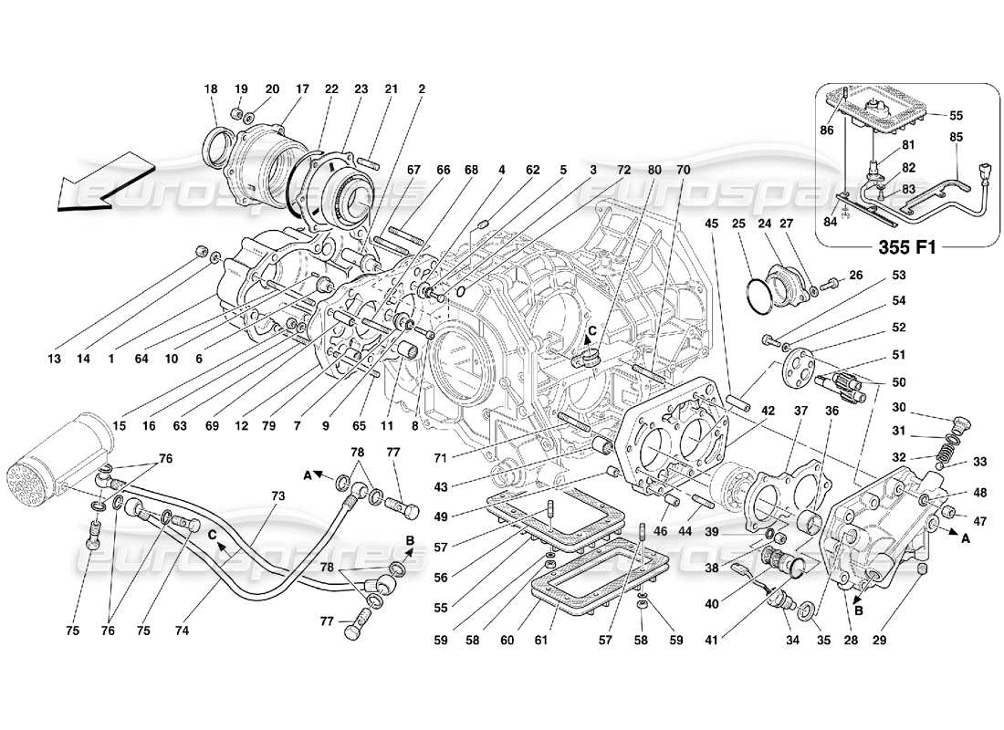 Schema delle parti Ferrari 355 (5.2 Motronic) Coperchi e lubrificazione del cambio