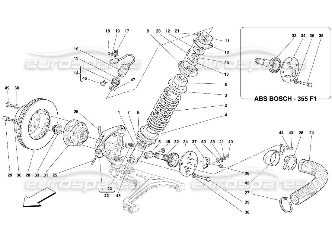Schema delle parti Ferrari 355 (5.2 Motronic) Sospensione anteriore: ammortizzatore e disco freno