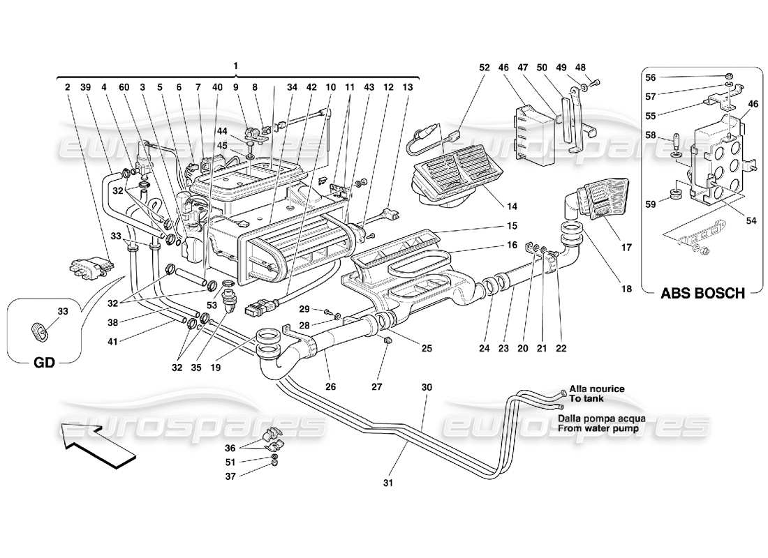 Ferrari 355 (5.2 Motronic) Aerazione dell'unità evaporatore e dell'abitacolo passeggeri Diagramma delle parti