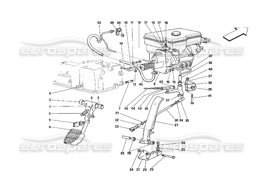 Schema delle parti Ferrari 348 (2.7 Motronic) pedale dell'acceleratore e sistema idraulico del freno