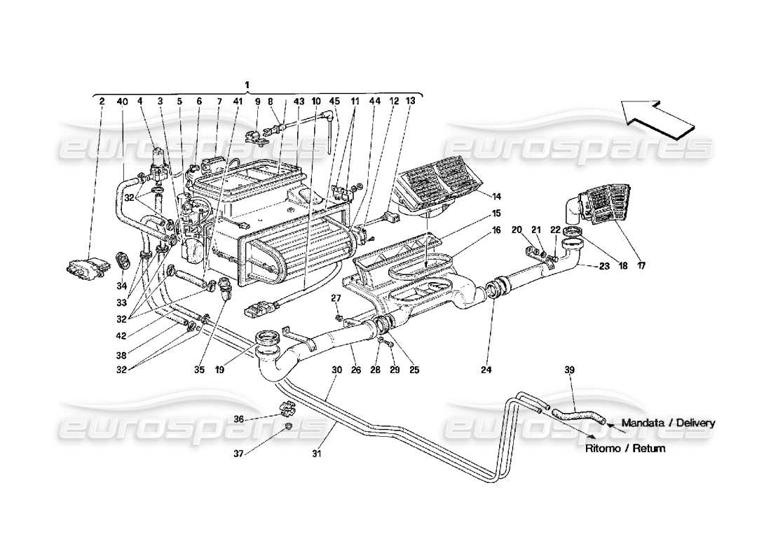 Schema delle parti Ferrari 348 (2.7 Motronic) Aerazione dell'unità evaporatore e dell'abitacolo passeggeri