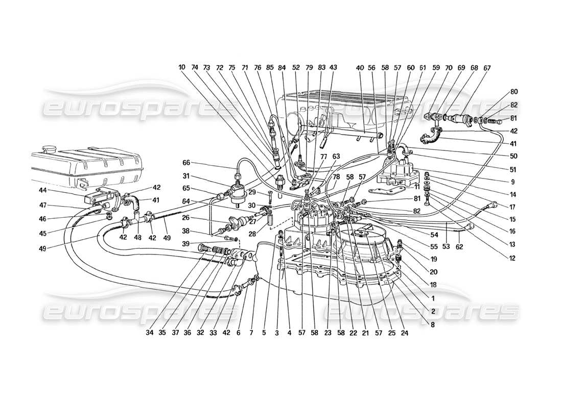 Schema delle parti delle linee dei distributori di carburante Ferrari 328 (1985) (per la versione USA).