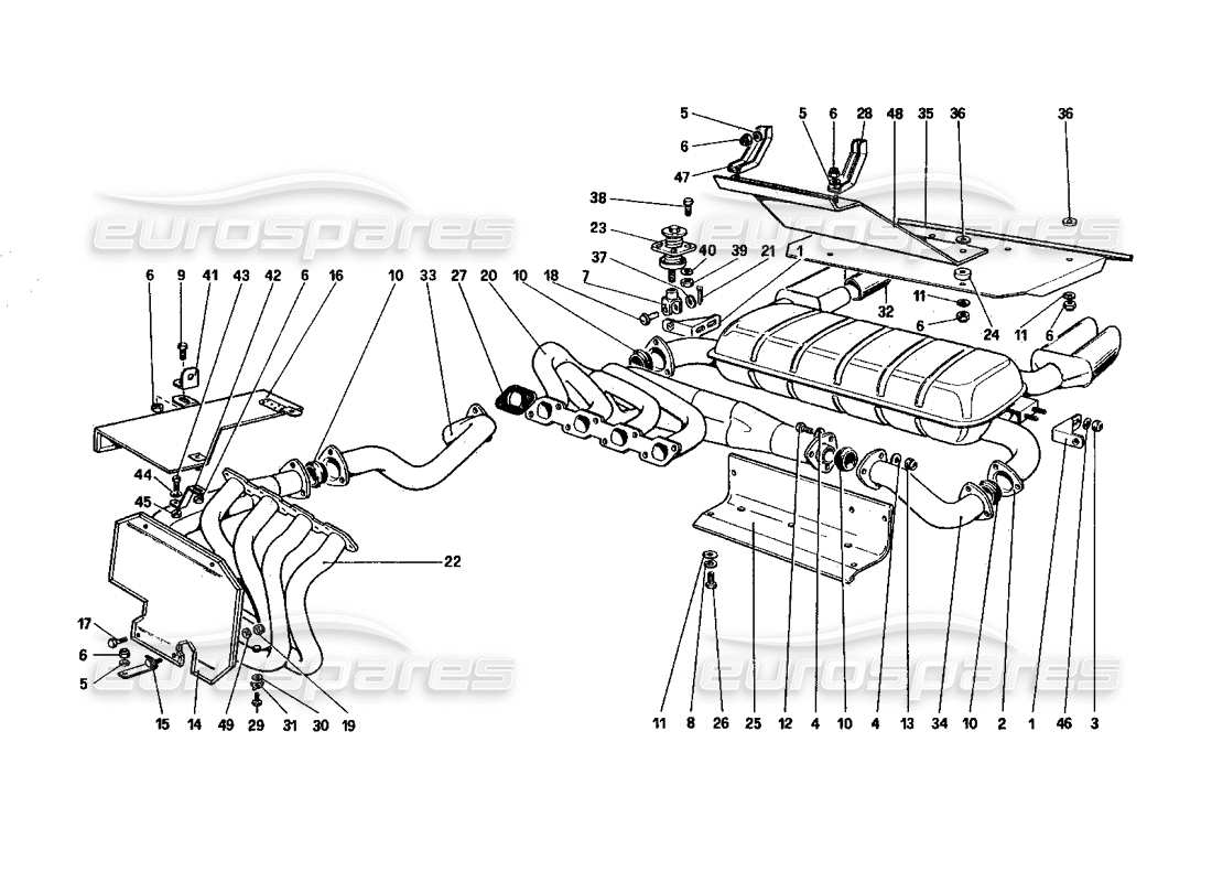 Schema delle parti dell'impianto di scarico Ferrari 328 (1985) (non per la versione USA e SA).