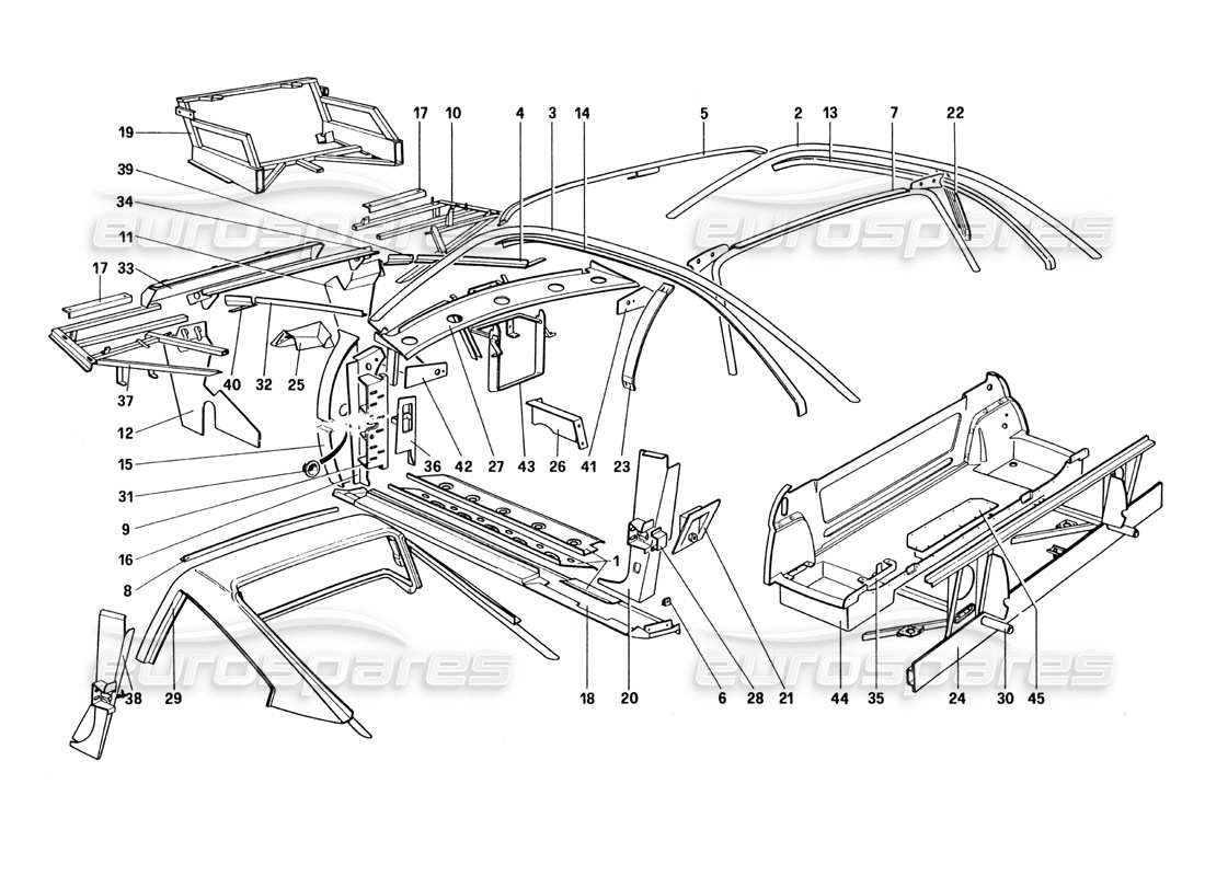 Diagramma delle parti Ferrari 328 (1985) Scocca - Elementi interni (non per la versione USA e SA).