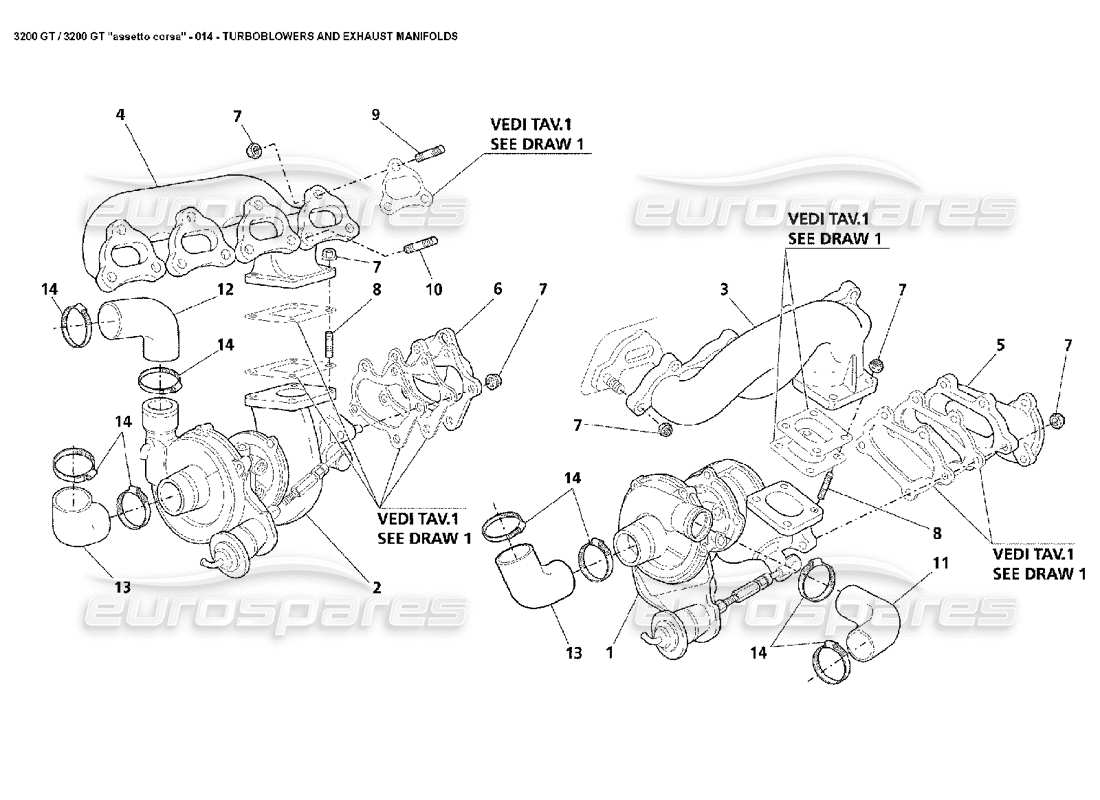 Maserati 3200 GT/GTA/Assetto Corsa Turbos & Exhaust Manifolds Diagramma delle parti