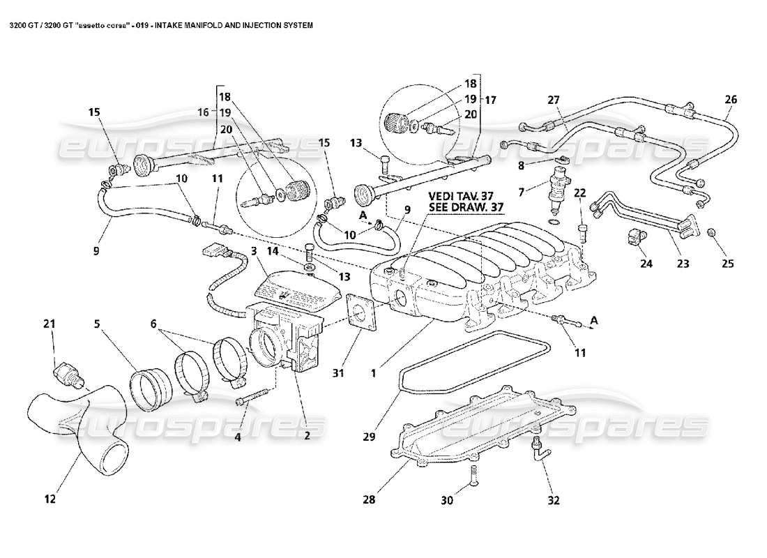 Maserati 3200 GT/GTA/Assetto Corsa Intake Manifold & Injection Diagramma delle parti