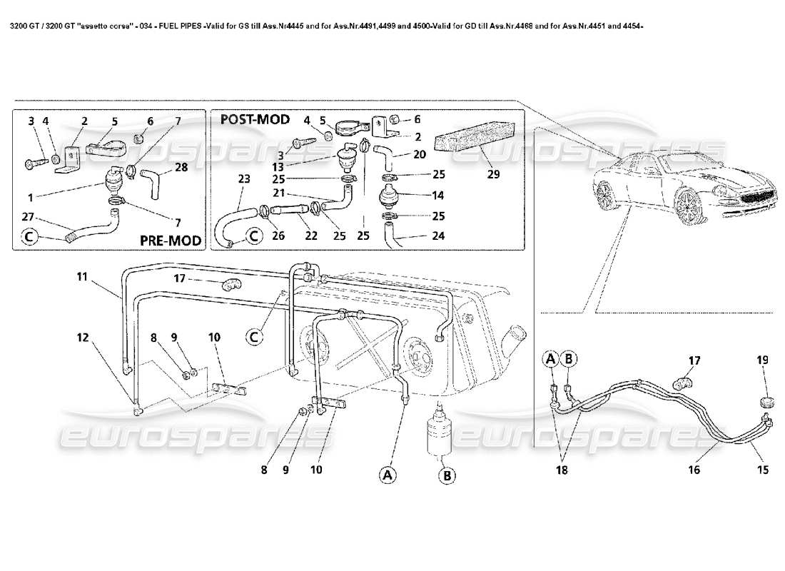 Maserati 3200 GT/GTA/Assetto Corsa Tubi carburante - Valido per GS Till Ass.Nr4445 e per Ass.Nr.4491,4499 e 4500-Valid per GD Till Ass.Nr.4468 e per 4451 e 4454- diagramma delle parti