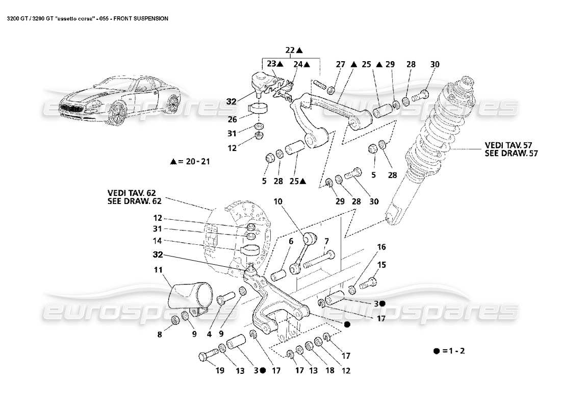 Maserati 3200 GT/GTA/Assetto Corsa Sospensioni anteriori Diagramma delle parti