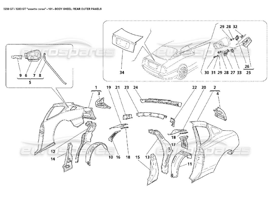 Maserati 3200 GT/GTA/Assetto Corsa Corpo: pannelli esterni posteriori Diagramma delle parti