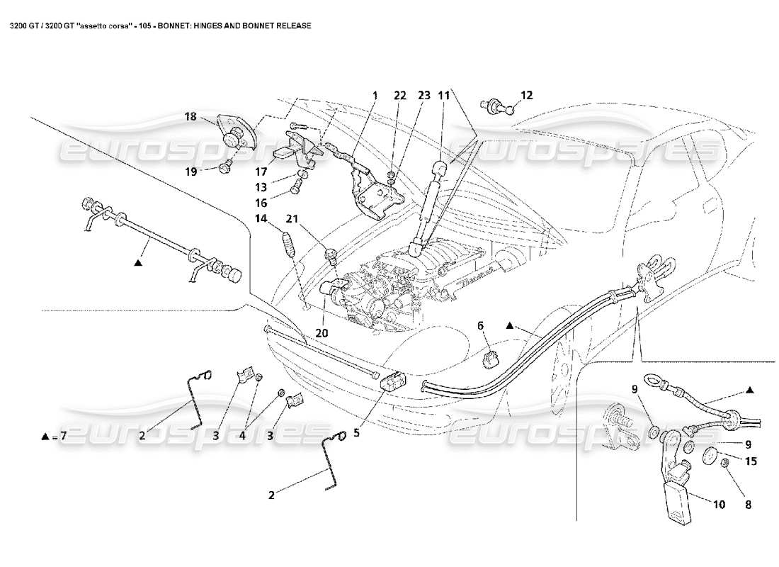 Maserati 3200 GT/GTA/Assetto Corsa Bonnet: Hinges & Bonnet Release Diagramma delle parti