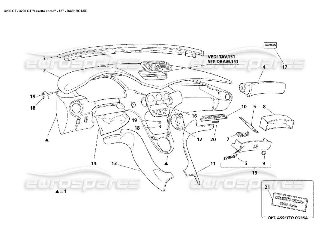 Maserati 3200 GT/GTA/Assetto Corsa Pannello di controllo Diagramma delle parti