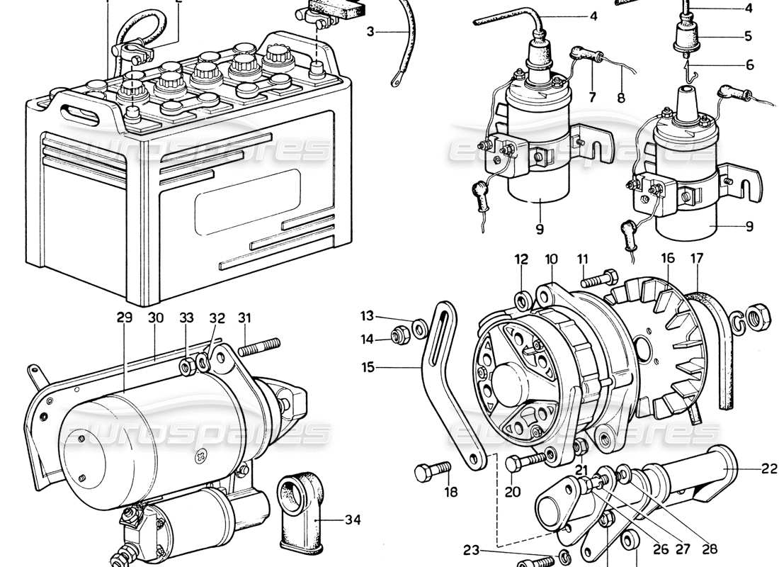 Diagramma delle parti di Ferrari 365 GTB4 Daytona (1969) Generator, Accumulator Coils & Starter