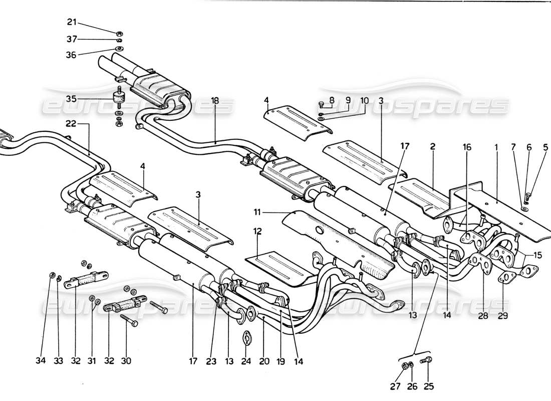 Diagramma delle parti di Ferrari 365 GTB4 Daytona (1969) Impianto di scarico