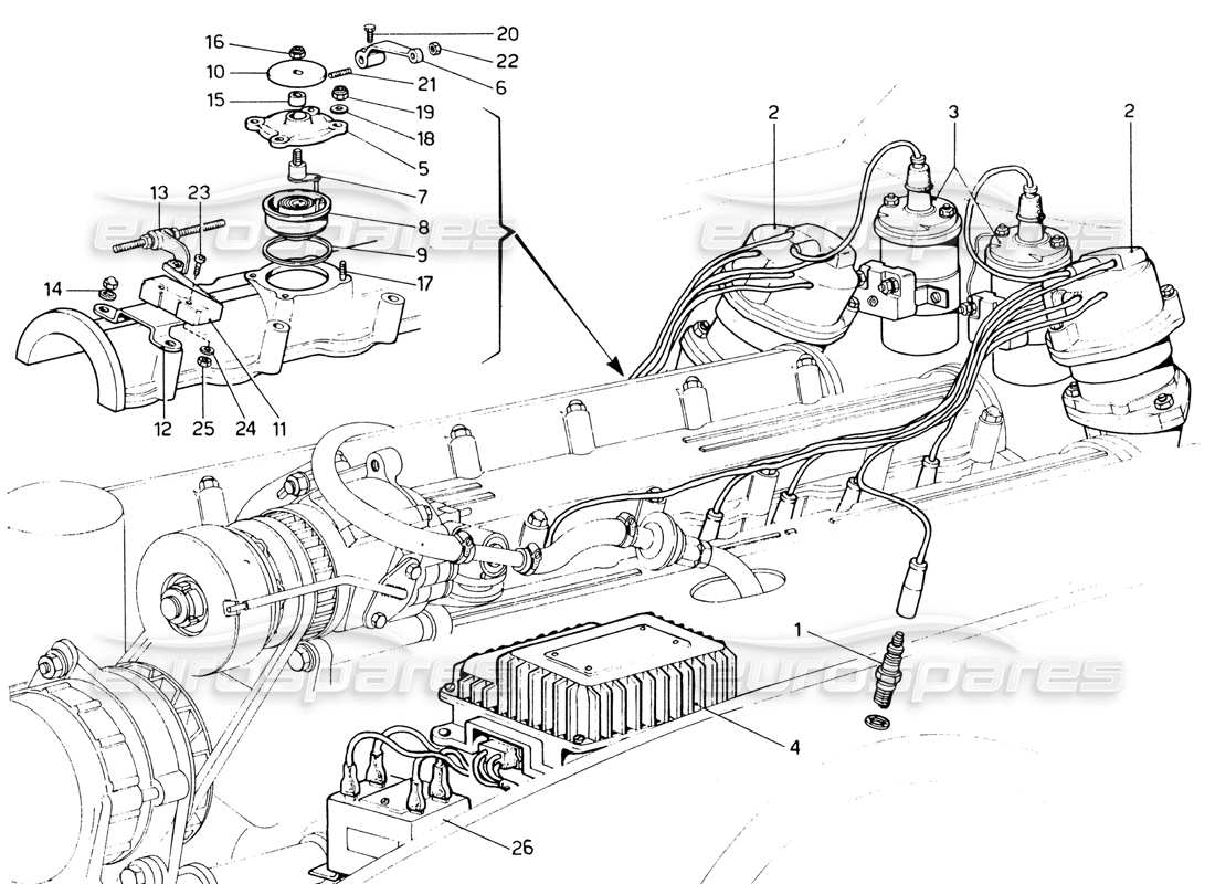 Schema delle parti del sistema di accensione Ferrari 365 GTB4 Daytona (1969) (revisione 1972)