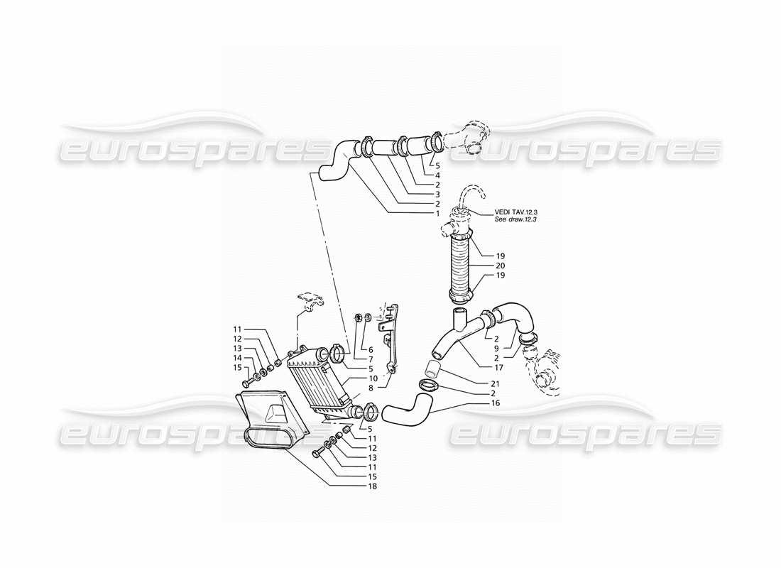 Schema delle parti del lato destro dei tubi dello scambiatore di calore di Maserati Ghibli 2.8 (ABS).