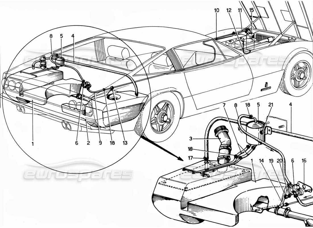 Ferrari 365 GTC4 (meccanico) Circuito benzina USA- Revisione diagramma delle parti
