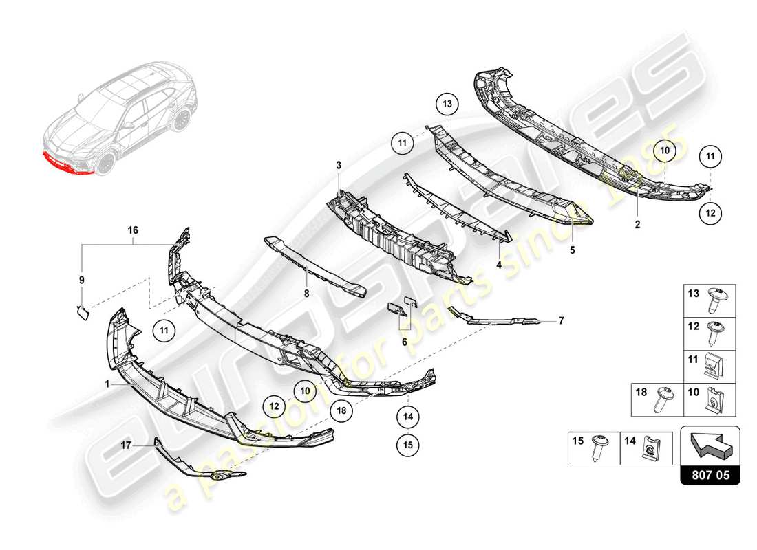 Lamborghini Urus (2019) PARAURTI COMPLETO IN CARBONIO Diagramma delle parti