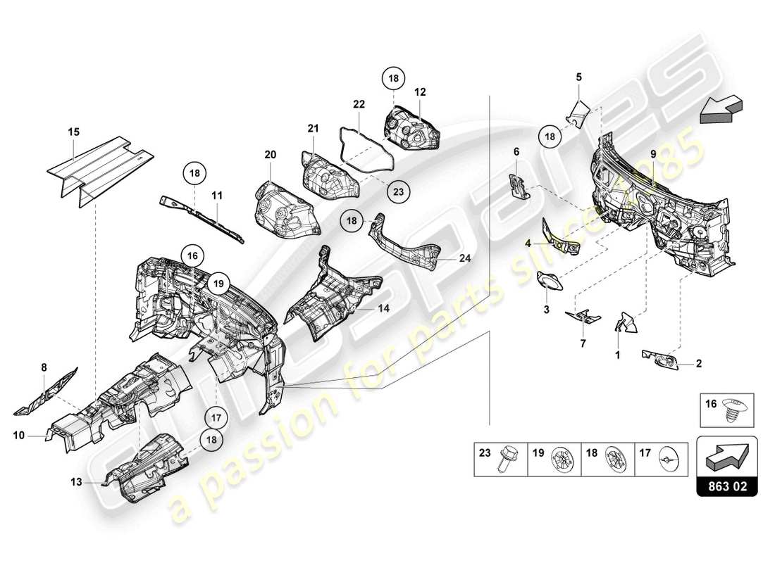Lamborghini Urus (2019) assorbitore acustico per pavimento, paratia e tunnel Diagramma delle parti
