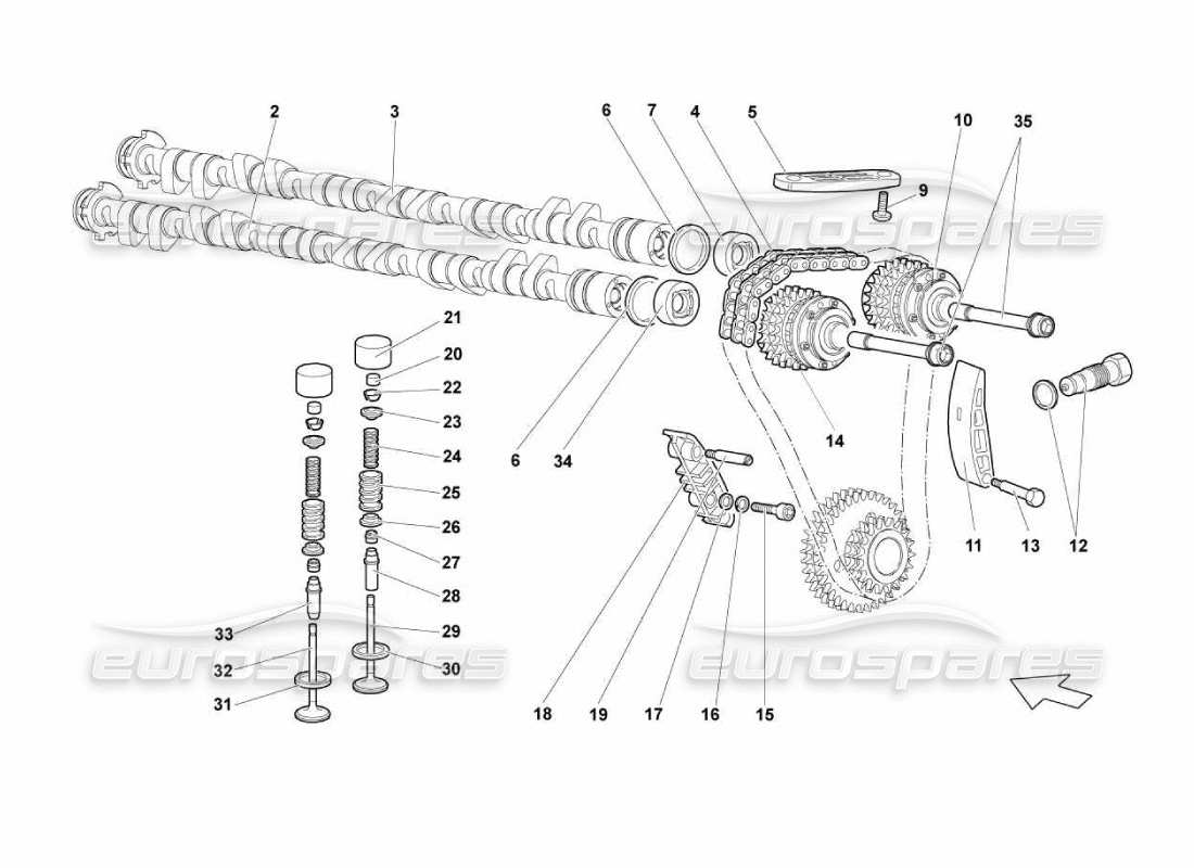 Lamborghini Murcielago LP670 Sistema di cronometraggio della testa destra Diagramma delle parti