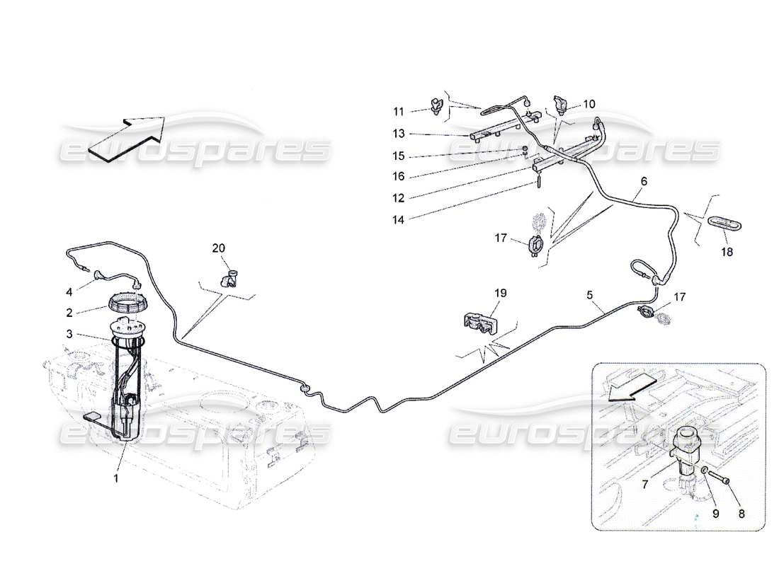 Maserati QTP. (2010) 4.2 pompe del carburante e linee di collegamento Diagramma delle parti