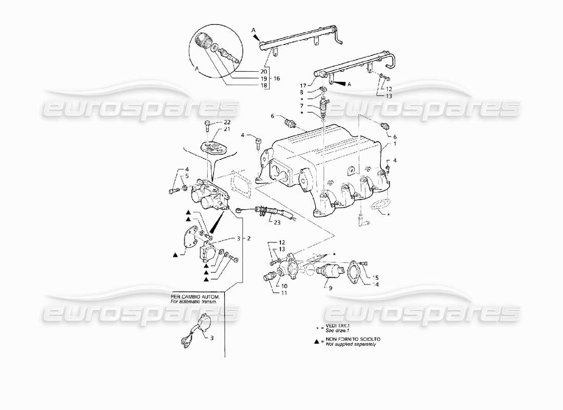 Diagramma delle parti Maserati QTP V8 (1998) Collettore di aspirazione e sistema di iniezione (RHD).
