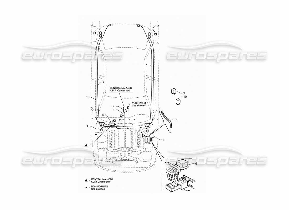 Maserati QTP V8 (1998) Impianto elettrico: diagramma delle parti dell'ABS e della sospensione "Koni" (LHD)
