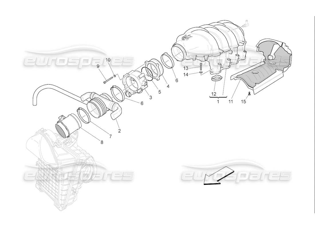 Maserati QTP. (2006) 4.2 F1 collettore di aspirazione e corpo farfallato Diagramma delle parti