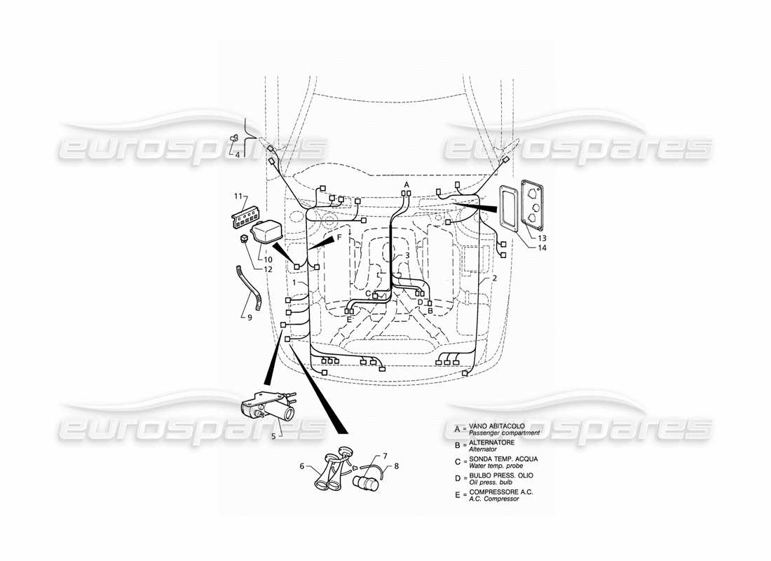 Maserati QTP V6 (1996) Impianto elettrico: diagramma delle parti del vano motore (RHD).