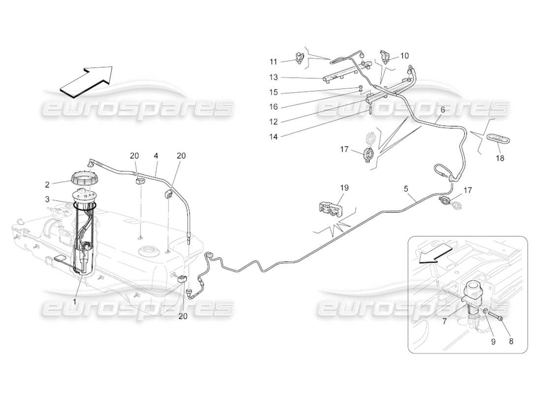 Maserati GranCabrio (2011) 4.7 pompe del carburante e linee di collegamento Diagramma delle parti