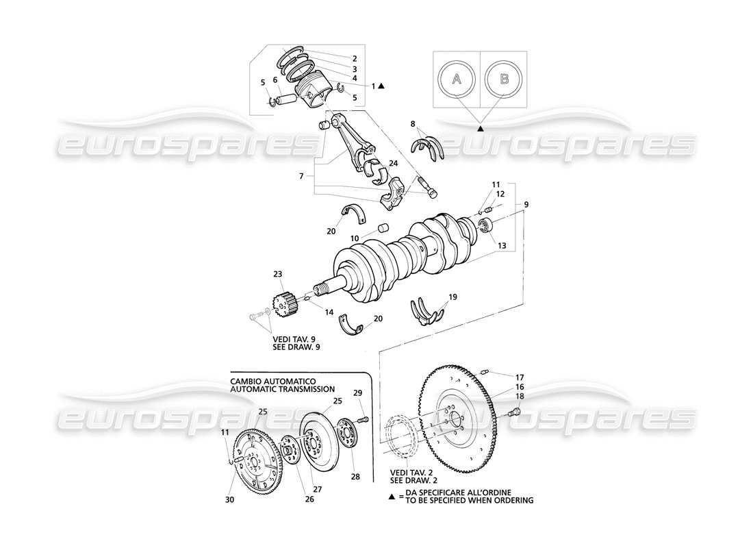 Maserati QTP V8 Evoluzione Crankshaft, Pistons, Conrods & Flywheel Diagramma delle parti