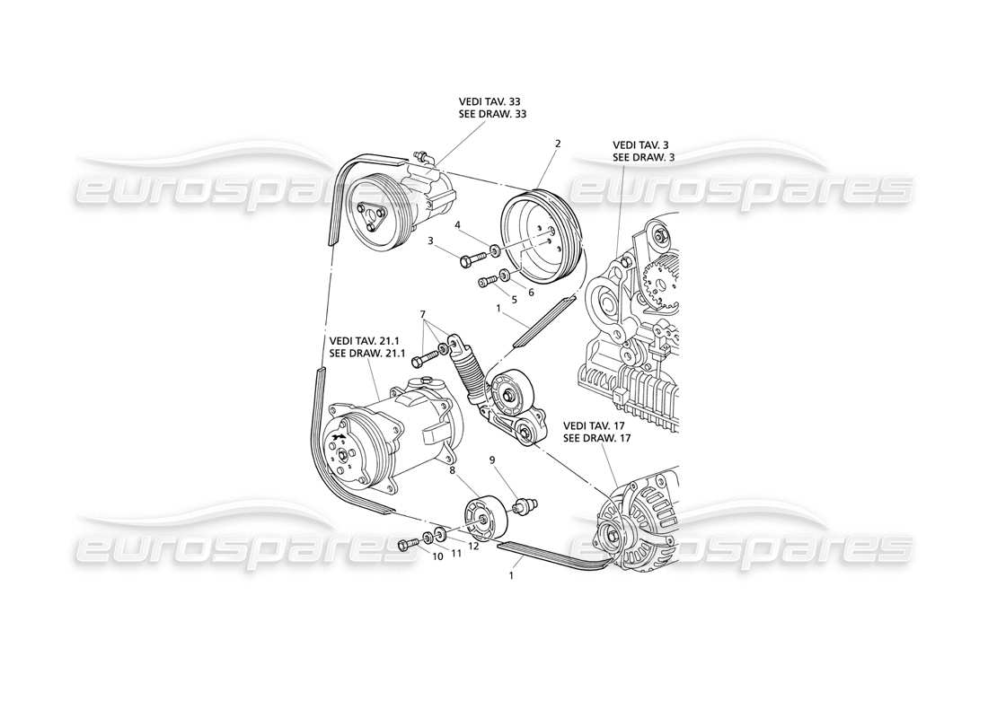 Maserati QTP V8 Evoluzione Sistema di cinghie Poly V Diagramma delle parti