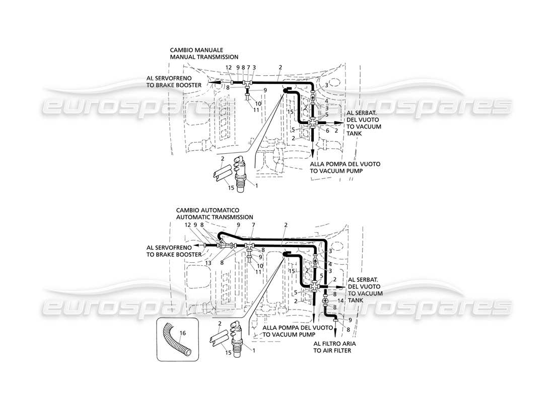 Maserati QTP V8 Evoluzione Schema delle parti del sistema di aspirazione (guida a destra).