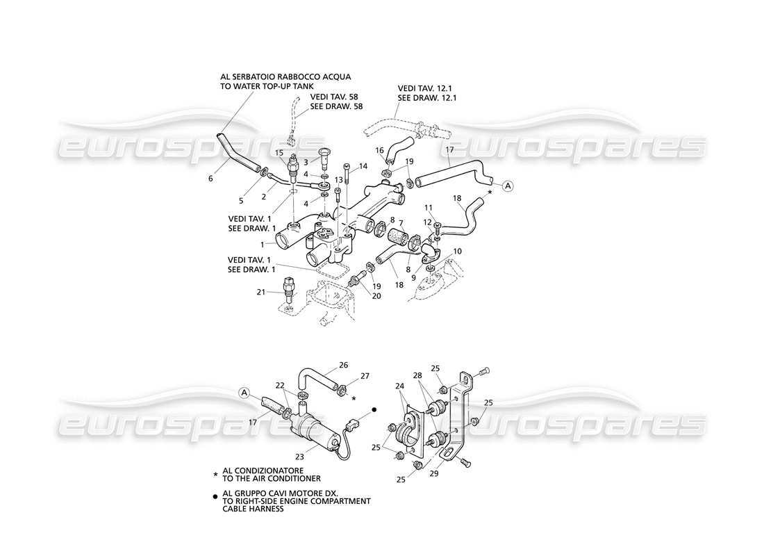 Maserati QTP V8 Evoluzione Diagramma delle parti del riscaldamento della cabina di raffreddamento del motore (guida a destra).