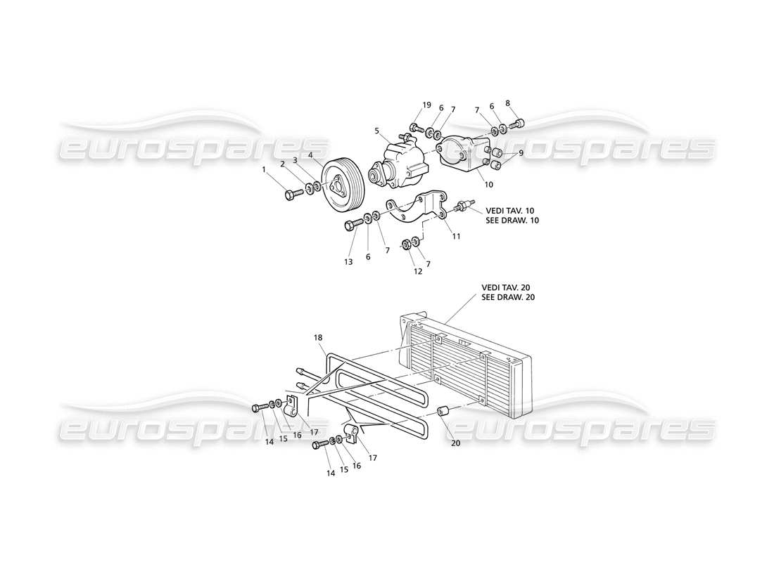 Maserati QTP V8 Evoluzione Pompe del servosterzo e radiatore dell'olio Diagramma delle parti