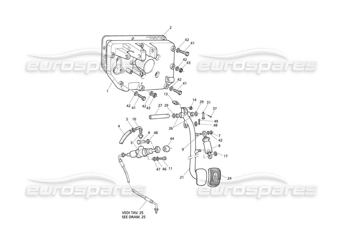 Maserati QTP V8 Evoluzione Frizione Diagramma delle parti del pedale e del supporto del pedale della pompa (guida a sinistra).