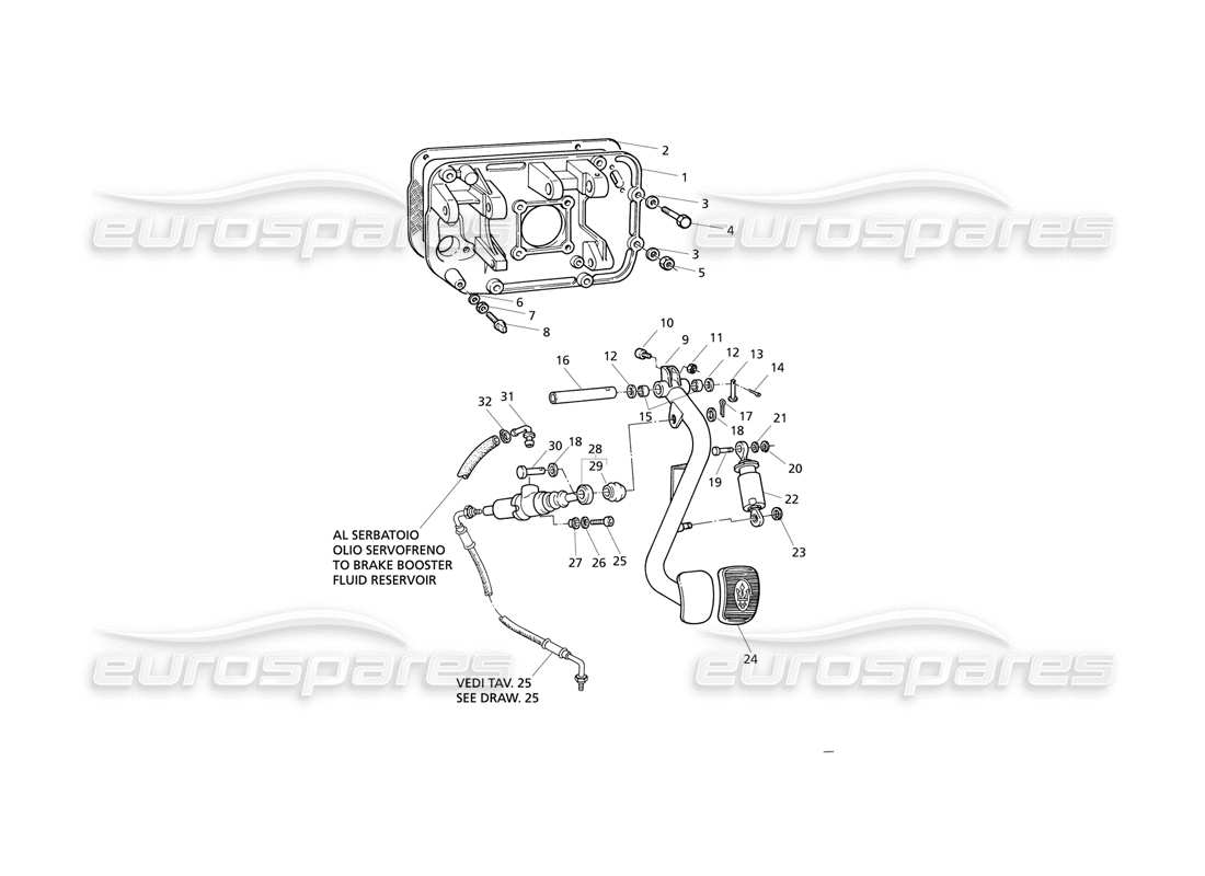 Maserati QTP V8 Evoluzione Frizione Diagramma delle parti del pedale e del supporto del pedale della pompa (guida a destra).